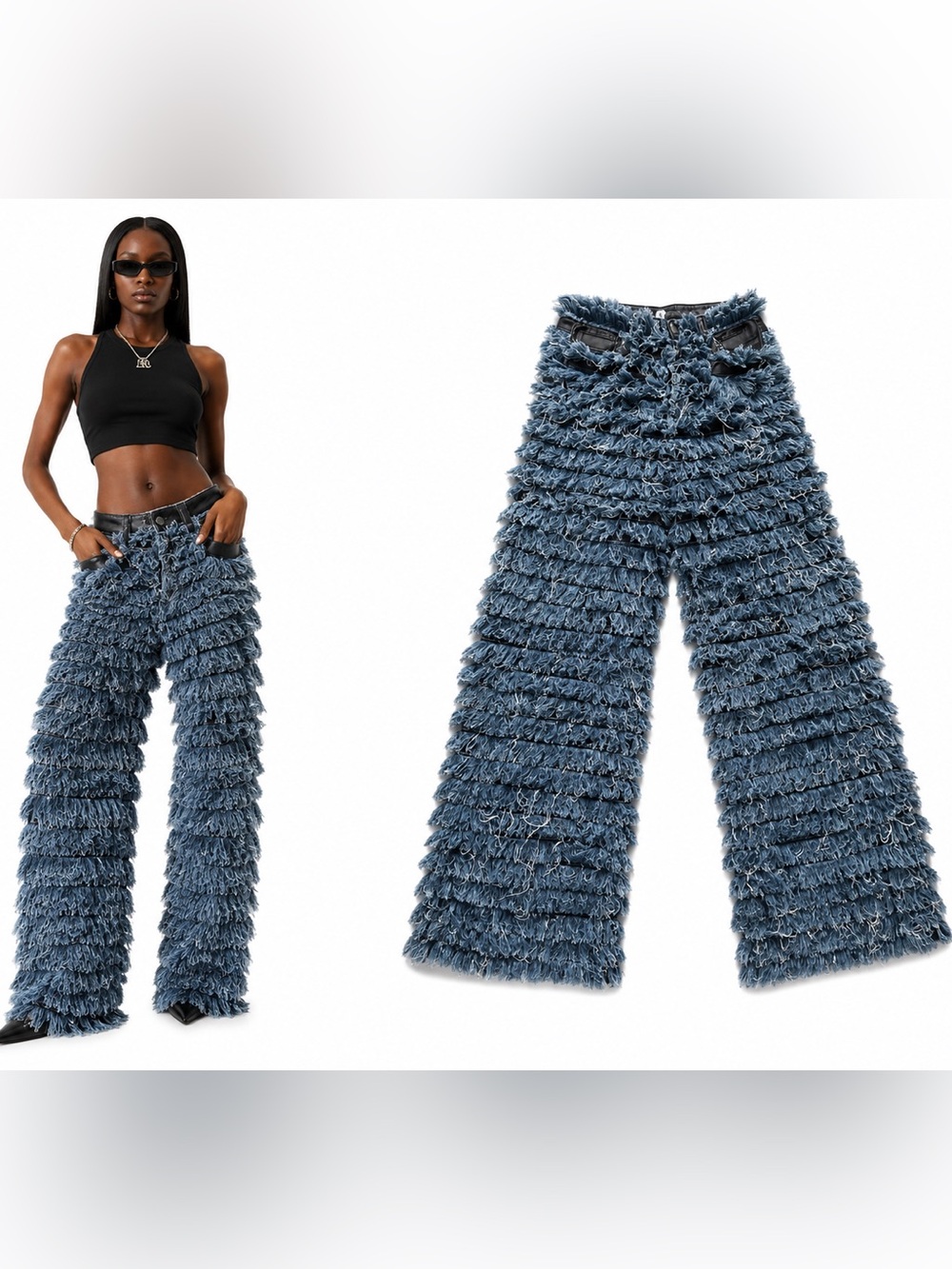 Aphrodite 07 Fringe Shaggy Denim Jeans Blue Statement Wide Leg Pants, NWT - Picture 6 of 7